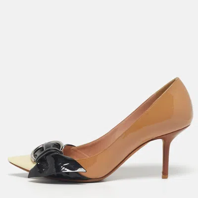 Pre-owned Dior Tricolor Patent Leather Buckle Pointed Toe Pumps Size 39 In Sand