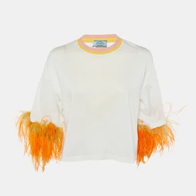 Pre-owned Prada White Cotton Ostrich Feather Trim T-shirt M