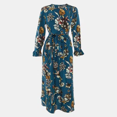 Pre-owned S'max Mara S' Max Mara Teal Blue Floral Print Silk Midi Dress L