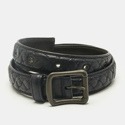 Pre-owned Bottega Veneta Navy Blue Intrecciato Leather Buckle Belt 75cm
