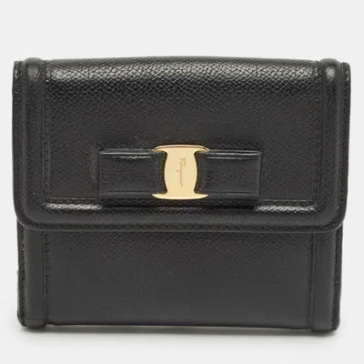 Pre-owned Ferragamo Black Leather Vara Bow French Wallet