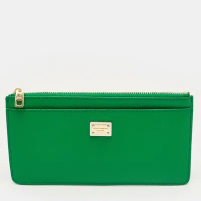 Pre-owned Dolce & Gabbana Green Leather Logo Zip Long Wallet