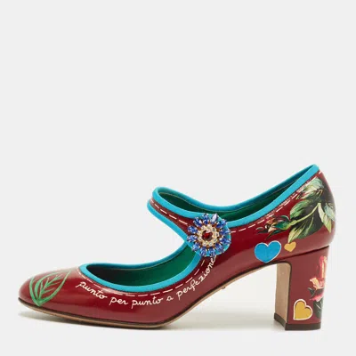 Pre-owned Dolce & Gabbana Burgundy Flower Print Patent Leather Mary Jane Pumps Size 37