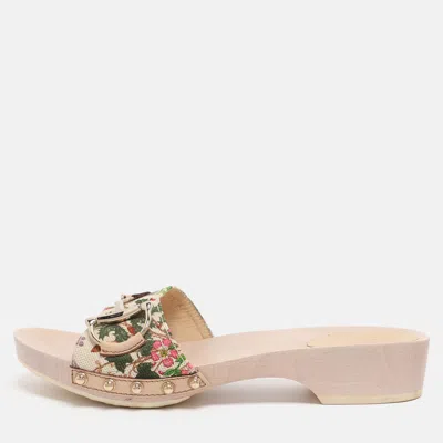 Pre-owned Gucci White Floral Print Canvas And Leather Icon Bit Wooden Clogs 38 In Multi