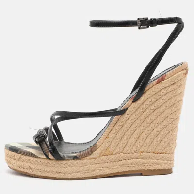 Pre-owned Burberry Beige/black Check Patent Leather And Canvas Espadrille Wedge Sandals Size 39