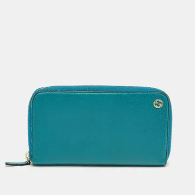 Pre-owned Gucci Turquoise Blue Leather Interlocking G Zip Around Wallet