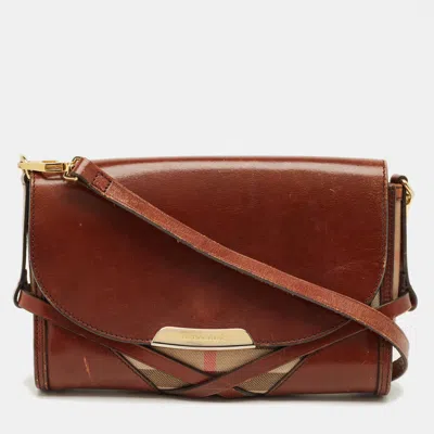 Pre-owned Burberry Brown/beige House Check Fabric And Leather Abbott Shoulder Bag