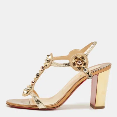 Pre-owned Christian Louboutin Gold/beige Snakeskin Embossed Leather And Suede Kaleitop Sandals Size 36.5