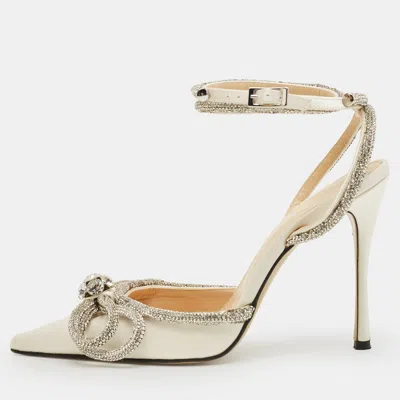 Pre-owned Mach&mach White Satin Double Bow Crystal Embellished Pumps Size 37