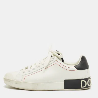 Pre-owned Dolce & Gabbana White/black Leather Portofino Low Top Sneakers Size 42.5