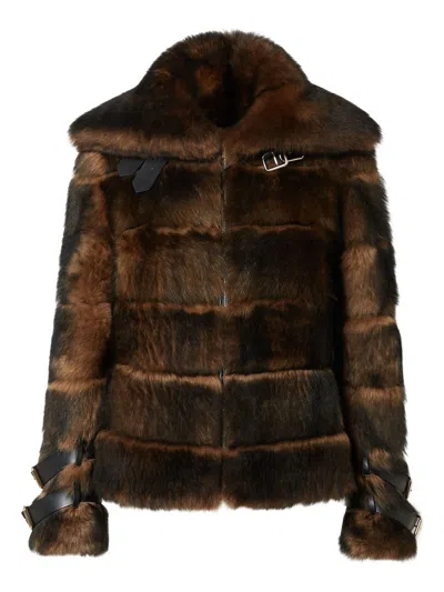 Fendi Women Color Pequin Motif Fur Aviator Jacket In Brown