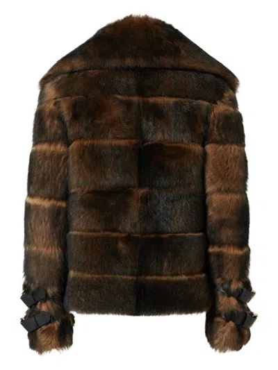 Fendi Women Color Pequin Motif Fur Aviator Jacket In Brown