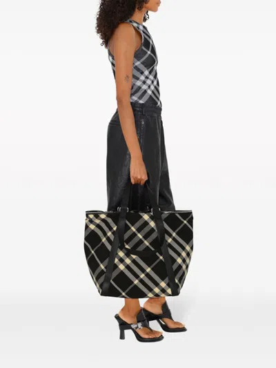 Burberry Checkered Pattern Shoulder Bags With Dual Handles In Black