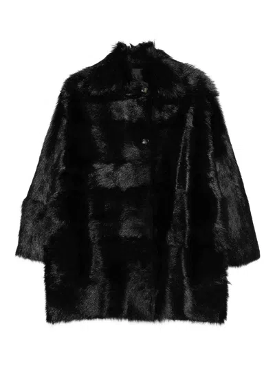 Alberta Ferretti Fur Texture High Collar Knee Length Jacket In Black