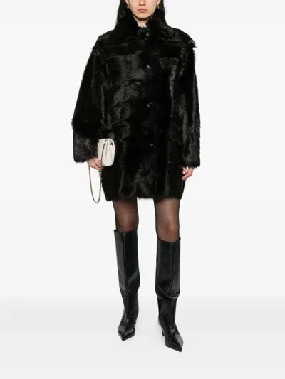 Alberta Ferretti Fur Texture High Collar Knee Length Jacket In Black
