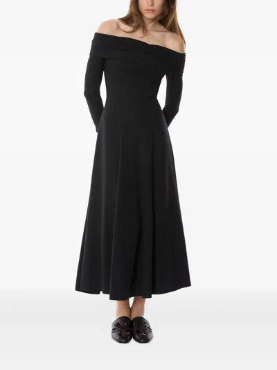 Alberta Ferretti Slightly Stretch Cady Midi Dress With Off-the-shoulder Neckline In Black