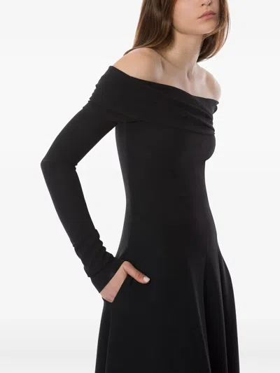Alberta Ferretti Slightly Stretch Cady Midi Dress With Off-the-shoulder Neckline In Black