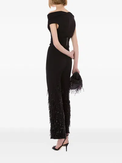 Alberta Ferretti Flared High Waist Trousers With Beaded Embellishments In Black
