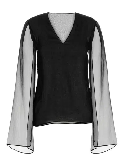 Alberta Ferretti Sheer-sleeve Silk Blouse In Black
