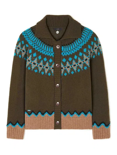 Alanui Olive Green Fair Isle Patterned Cardigan In Multi