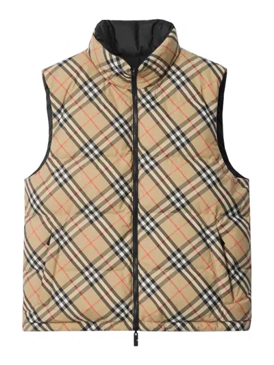 Burberry Beige Sleeveless Reversible Down Jacket With High Neck And All-over Check Motif In Tech Fabric Man In Neutral