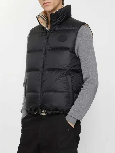 Burberry Beige Sleeveless Reversible Down Jacket With High Neck And All-over Check Motif In Tech Fabric Man In Neutral