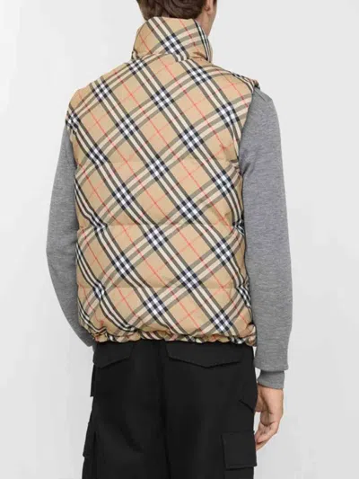 Burberry Beige Sleeveless Reversible Down Jacket With High Neck And All-over Check Motif In Tech Fabric Man In Neutral
