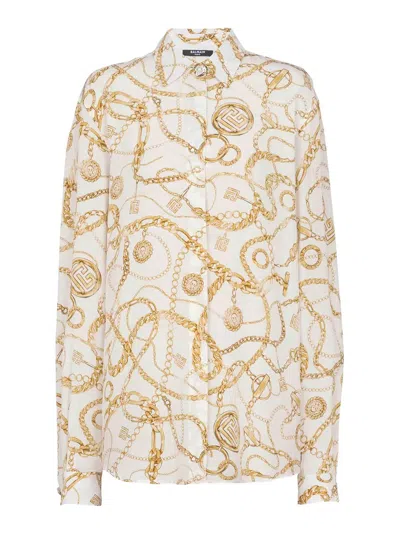 Balmain Logo Printed Silk Shirt In Neutral