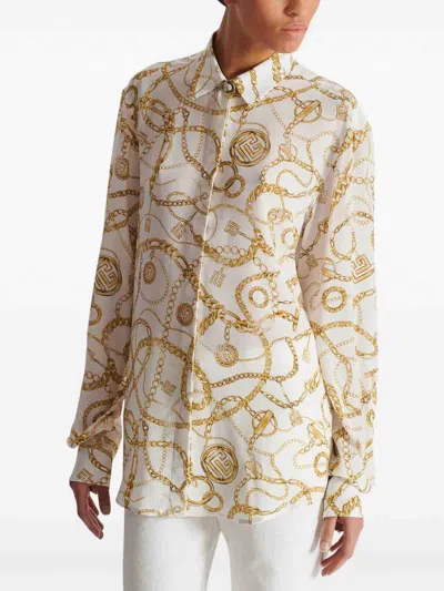 Balmain Logo Printed Silk Shirt In Neutral