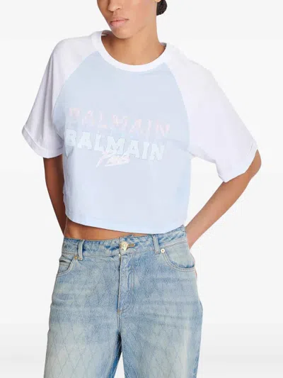 Balmain Paris Print Crew Neck Cropped T-shirt In Blue