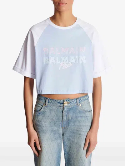 Balmain Paris Print Crew Neck Cropped T-shirt In Blue