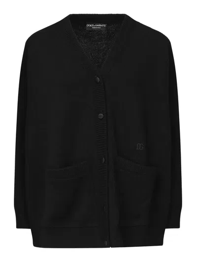 Dolce & Gabbana V-neck Cardigan With Front Pockets And Ribbed Cuffs In Black