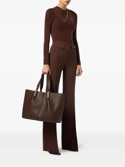 Elisabetta Franchi High-waisted Flared Pants With Decorative Button Details In Brown