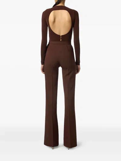 Elisabetta Franchi High-waisted Flared Pants With Decorative Button Details In Brown