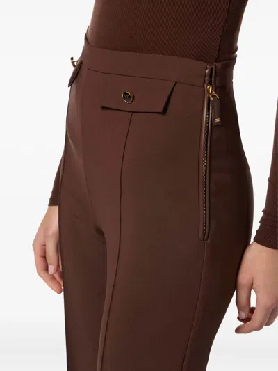 Elisabetta Franchi High-waisted Flared Pants With Decorative Button Details In Brown