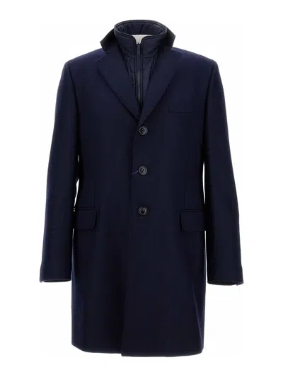 Fay Double Breasted Long Coat With Flap Pockets In Blue