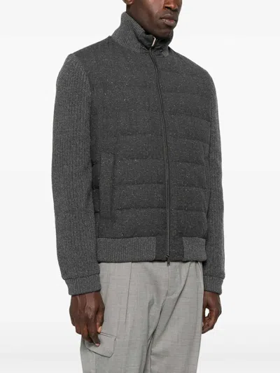 Herno Padded Bomber Jacket With Knitted Sleeves In Gray