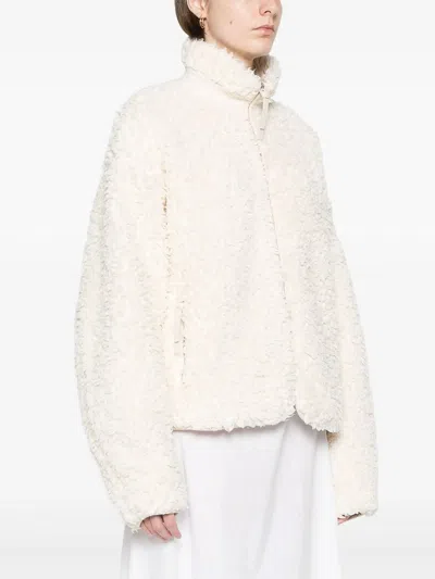 Jil Sander Textured High Collar Long Sleeve Jacket In White