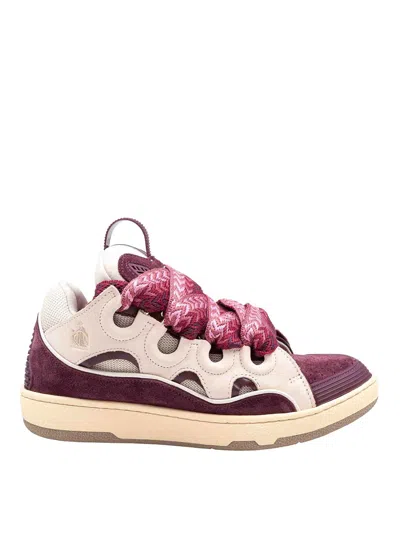 Lanvin Curb Leather And Fabric Sneakers In Beige And Burgundy In Brown