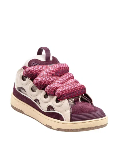 Lanvin Curb Leather And Fabric Sneakers In Beige And Burgundy In Brown