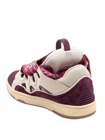 Lanvin Curb Leather And Fabric Sneakers In Beige And Burgundy In Brown