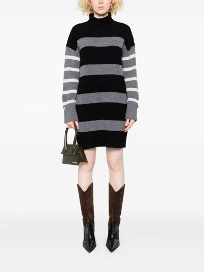 Liu •jo Black Wool Mini Dress With Horizontal Stripes In Black