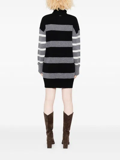 Liu •jo Black Wool Mini Dress With Horizontal Stripes In Black