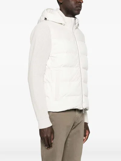Moorer Quilted Hooded Jacket Side Pockets In White