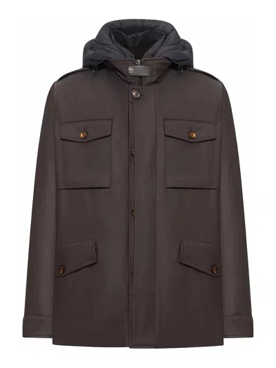 Moorer Isac Hooded Wool Field Jacket In Brown