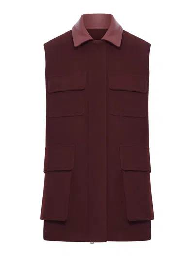 Max Mara Sleeveless Jacket With Leather Collar And Pockets In Burgundy