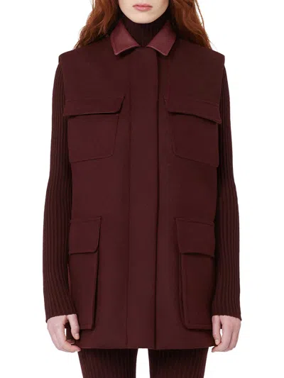 Max Mara Sleeveless Jacket With Leather Collar And Pockets In Burgundy