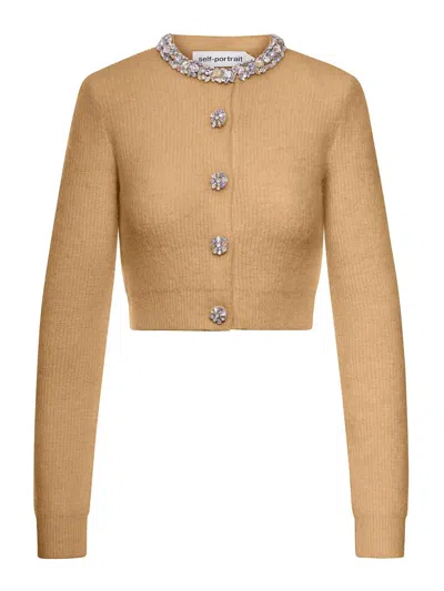 Self-portrait Alpaca Cardigan With Jewel Decorations In Brown