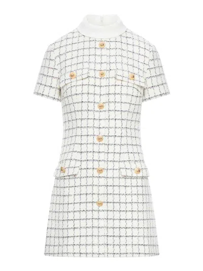 Self-portrait White Mini Dress With Jewel Buttons And All-over Check Motif In Tech Fabric Woman In White