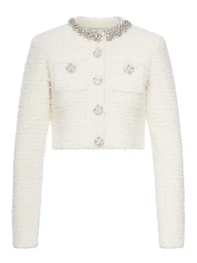Self-portrait White Crewneck Cropped Cardigan With Crystal Embellishments On The Collar In Cotton Blend Woman In White